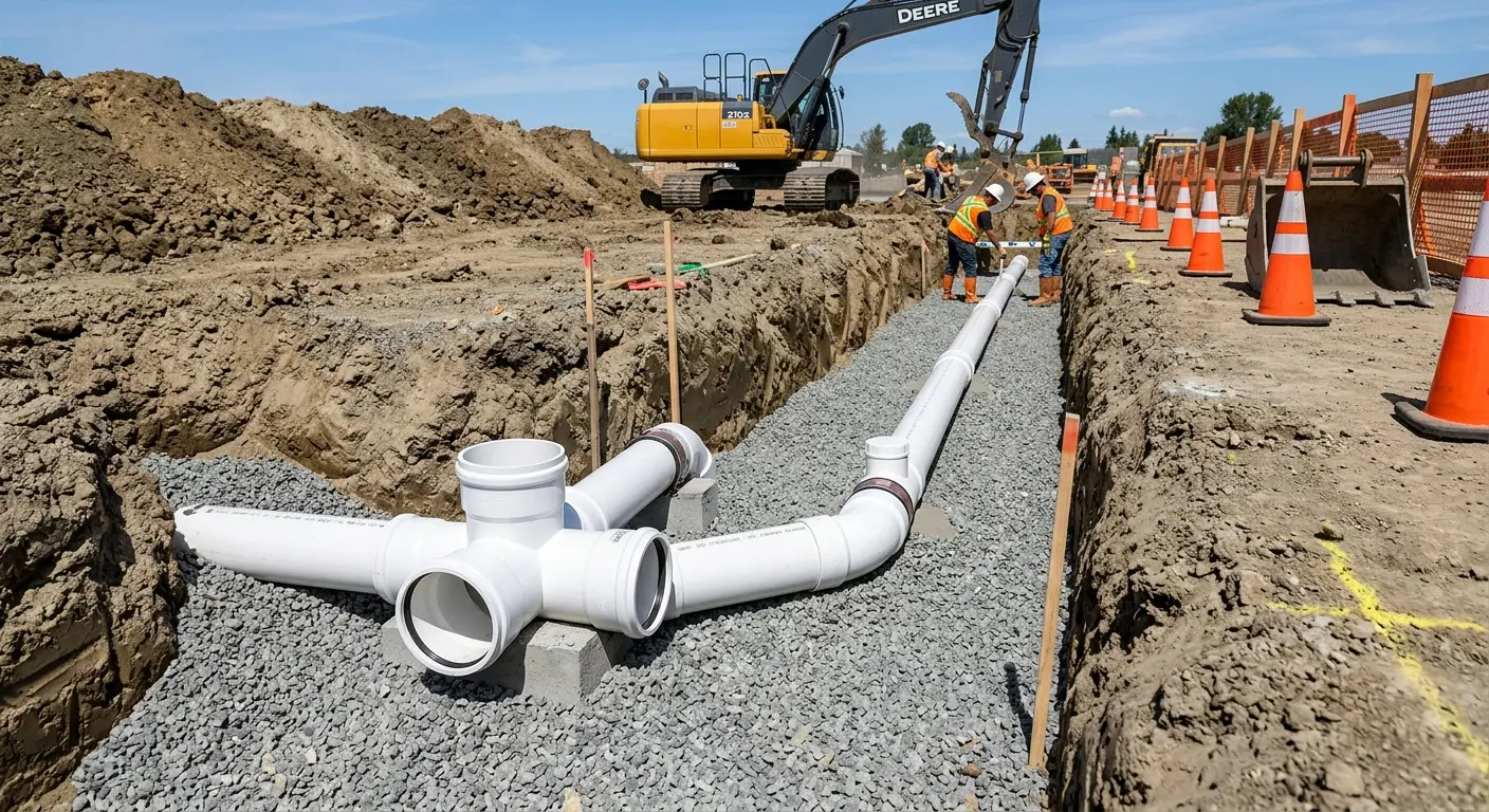 New PVC sewer pipe installation in open trench for Sewer Backup in Richmond West