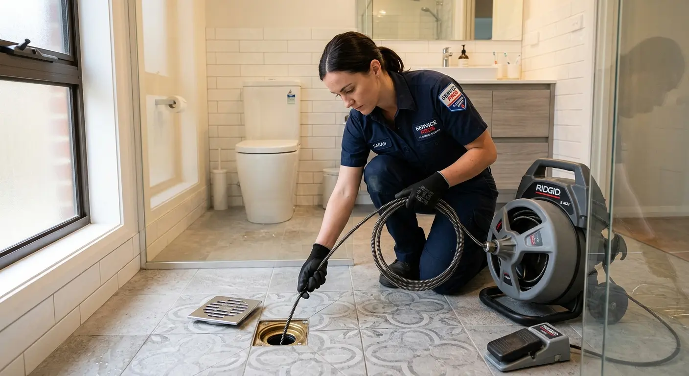 Technician clearing a bathroom floor drain for Drain Cleaning in Richmond West